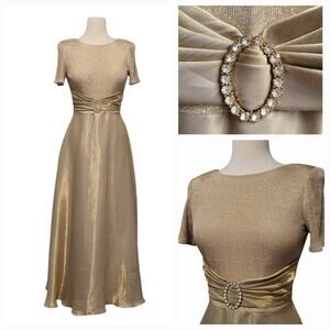 VTG Gold Evening Gown Sz 4 Formal Dress Short Sleeve 90s USA Old Hollywood Glam